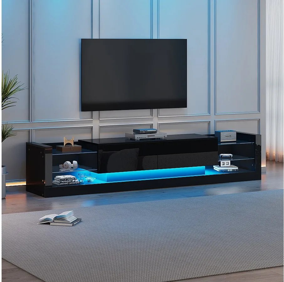 Szafka RTV z 2 składanymi szufladami - 181 x 38 x 38 cm - Diody LED - Płyta wiórowa - Czarny połysk