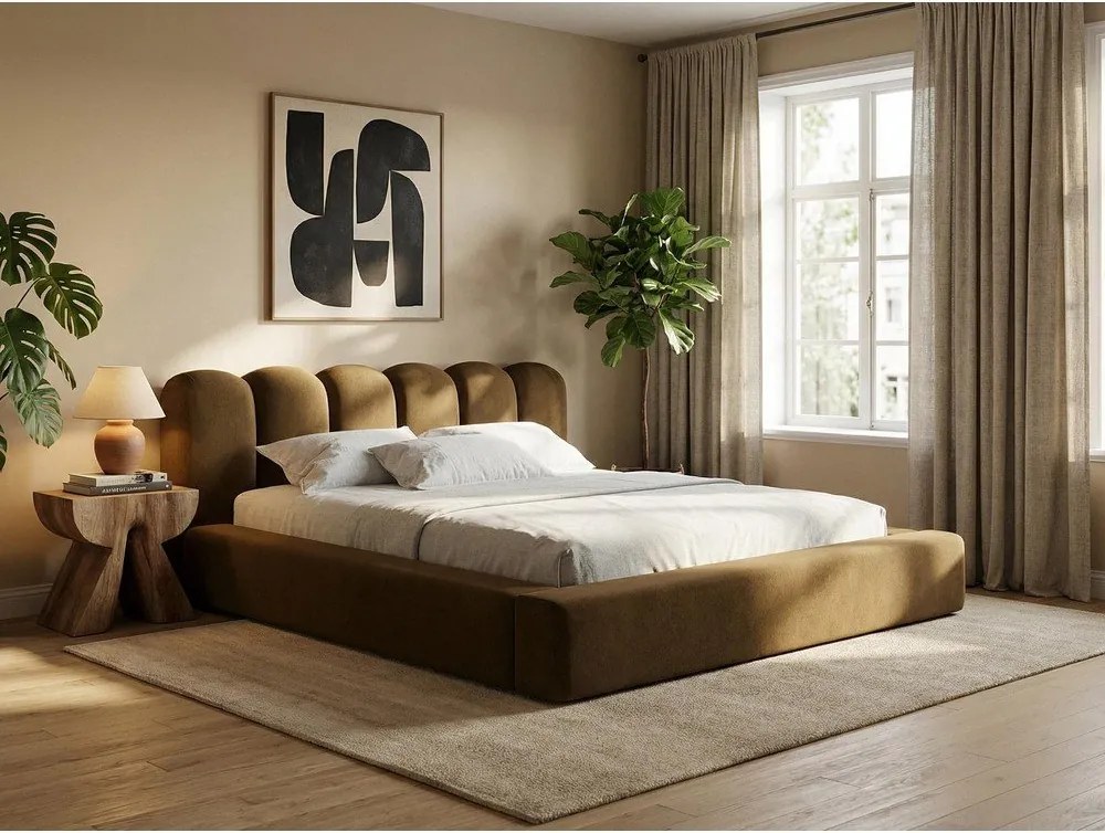 Kremowe tapicerowane łóżko dwuosobowe ze schowkiem i stelażem 160x200 cm Mano – Makamii