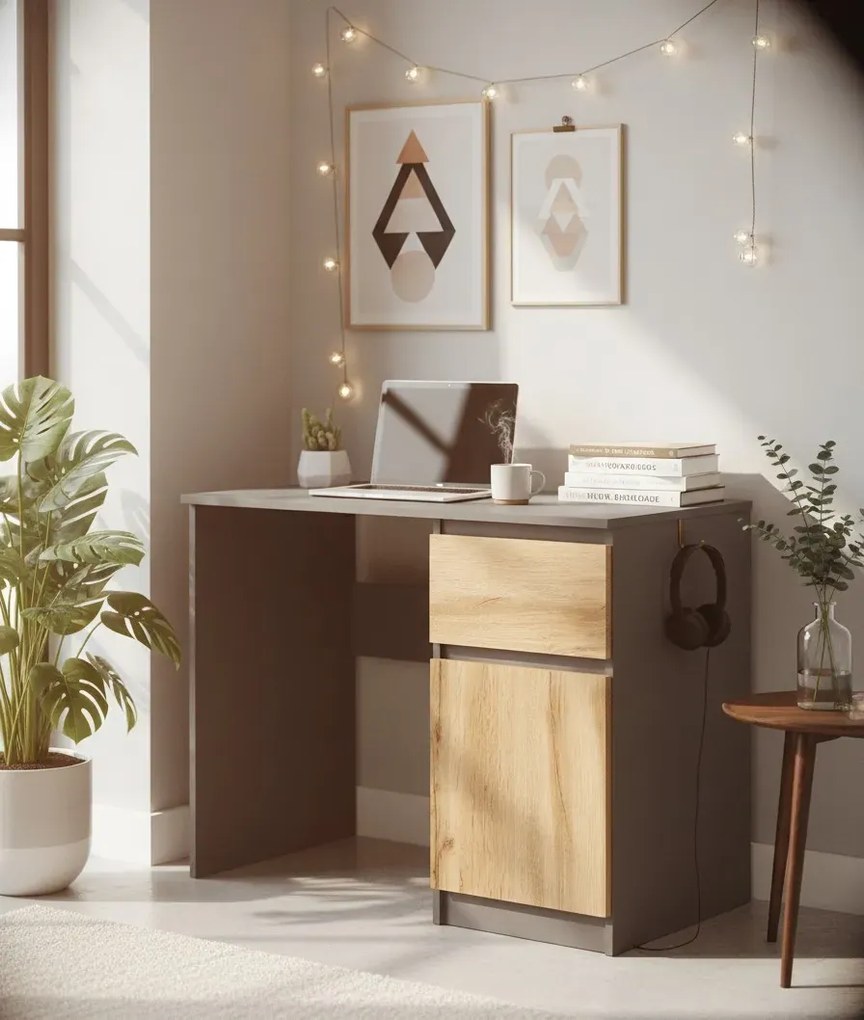 Biurko wąskie z szufladą na komputer antracyt + dąb wotan R7-R46