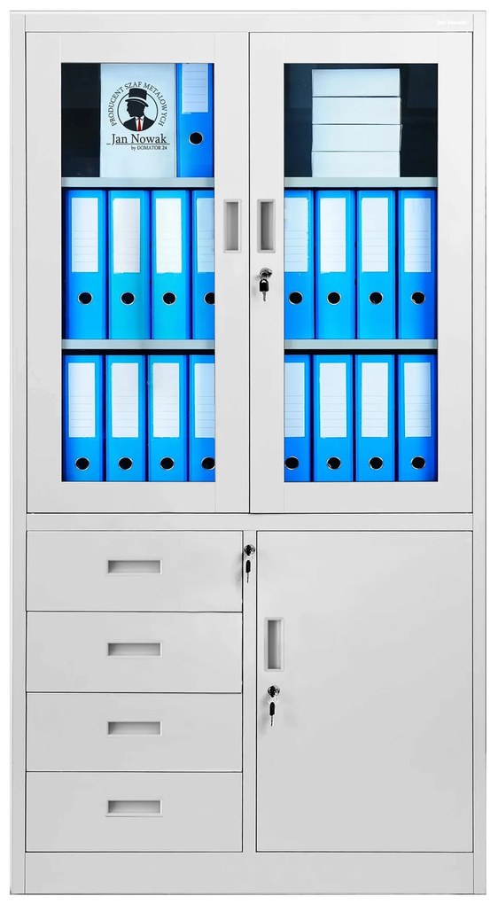 Biurowa przeszklona szafa z szufladami WIOLA, 900 x 1850 x 400 mm, szara