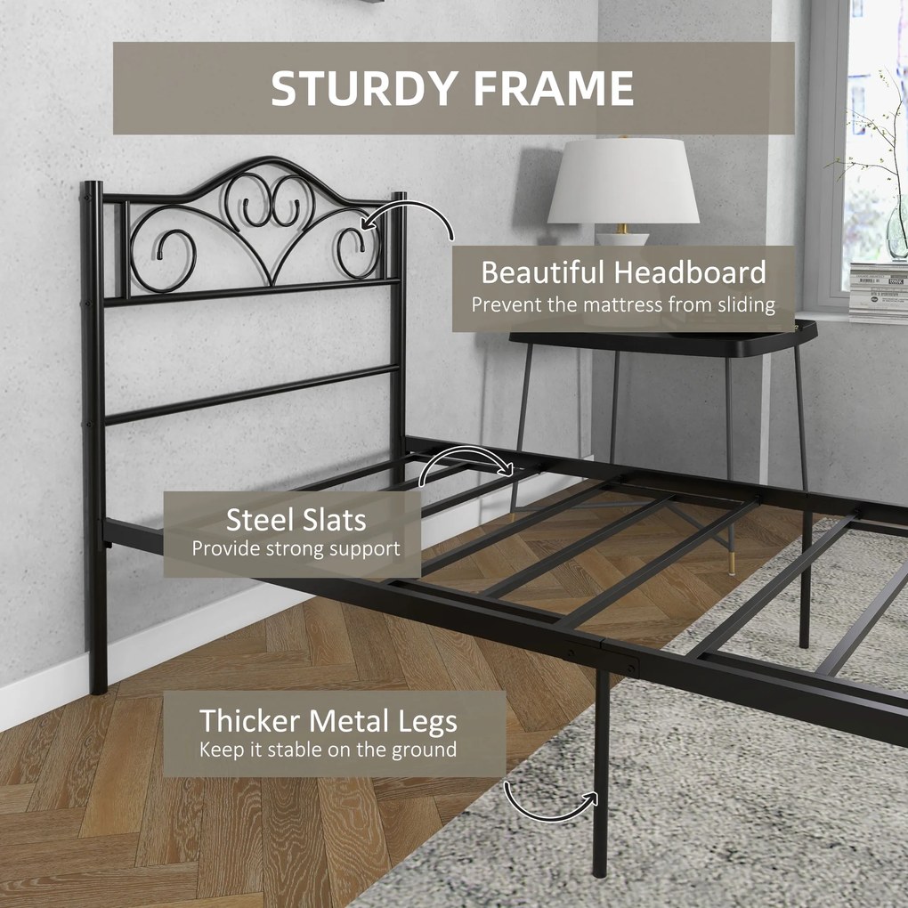 HOMCOM Rama łóżka pojedynczego ze stali z zintegrowanymi listwami, zagłówkiem i podnóżkiem, 90x200cm | Aosom PL