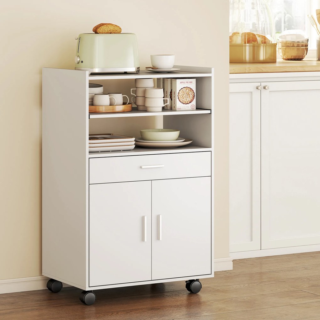 HOMCOM Szafka na mikrofalówkę, półka, szafa z podwójnymi drzwiami, szuflada, kółka, biały
