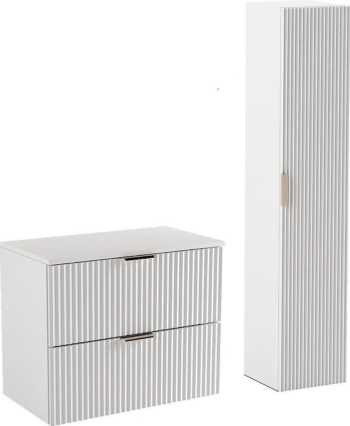Biały Zestaw Łazienkowy 80cm Szafka Blat Słupek Ryflowane Fronty
