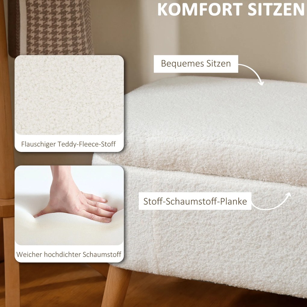 HOMCOM Pufa do przechowywania, siedzisko z 65 L przestrzeni, podnóżek, materiał polarowy, drewno kauczukowe, pianka, 120 x 42 x 45 cm, Kremowy