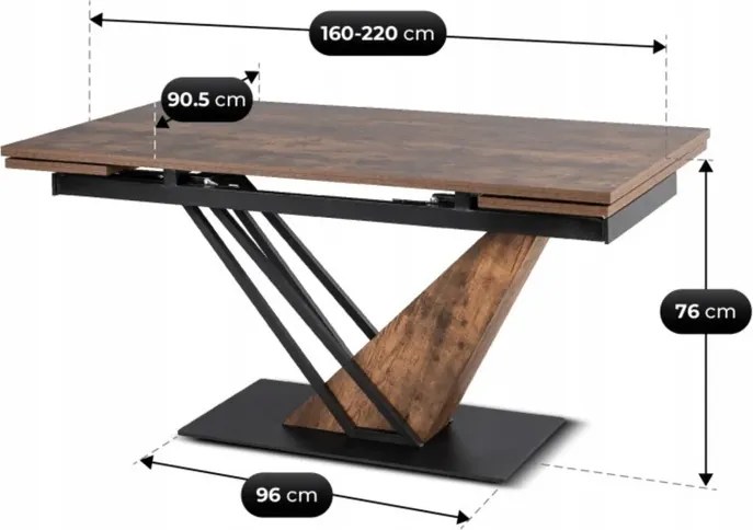 Stół Rozkładany Prostokątny REX 160-220 cm Dąb Rustykalny/Czarny do Jadalni Nowoczesny Loft