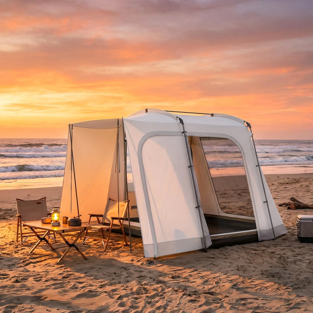 Outsunny Namiot tylny dla 2-4 osób, 320 x 280 x 205 cm, 2 w 1 wodoodporny namiot tunelowy z 4 drzwiami, oknem i podłogą | Aosom PL
