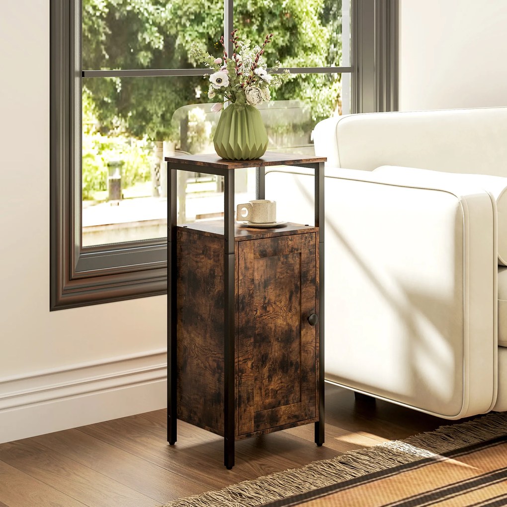 HOMCOM Stolik pomocniczy z miejscem do przechowywania, 2 otwarte półki, regulowany 3-poziomowo, drzwi magnetyczne, Brąz