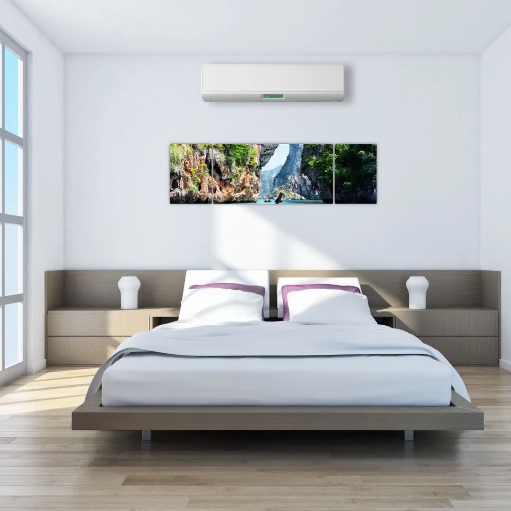 Obraz długiej łodzi na plaży (170x50 cm)