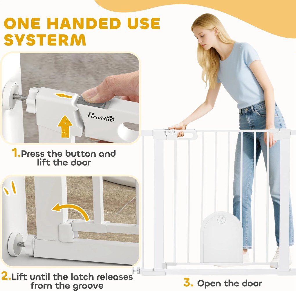 PawHut Regulowana bramka dla zwierząt, z małymi drzwiami, stal, tworzywo sztuczne, biały