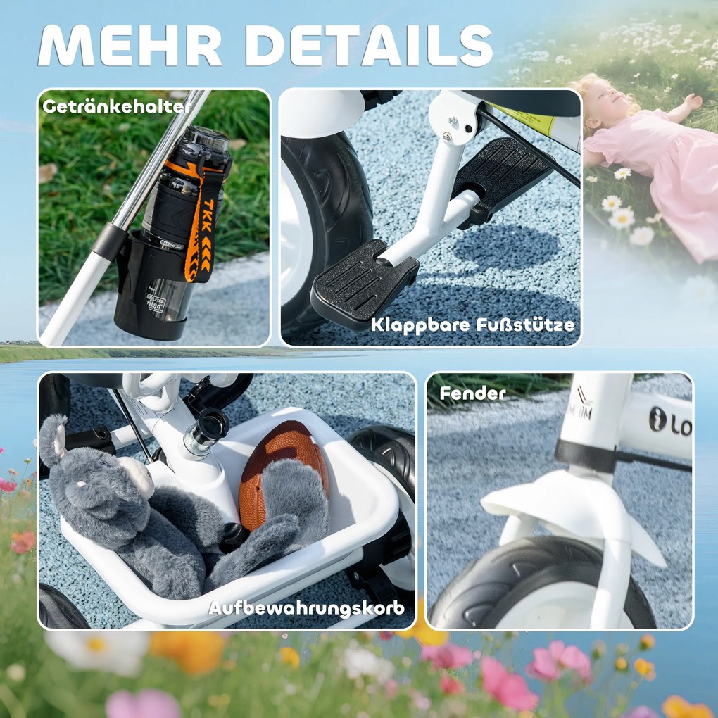 HOMCOM 6-w-1 Trójkoło dla dzieci z drążkiem do pchania, daszkiem, pasem, koszem, dla dzieci 1-5 lat, Biały