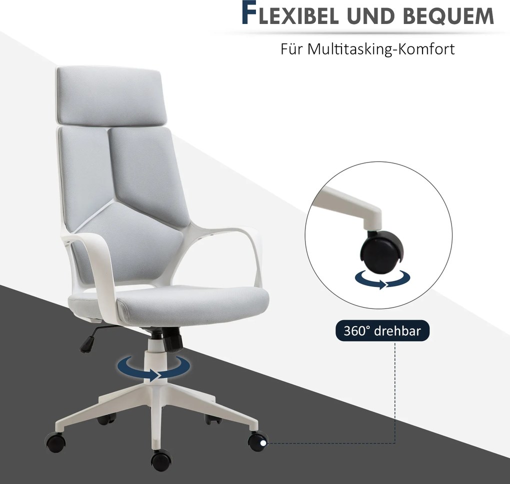 HOMCOM Ergonomiczne krzesło biurowe, tkanina siatkowa, regulacja wysokości, obrotowe, jezdne krzesło biurkowe, Szary+Biały