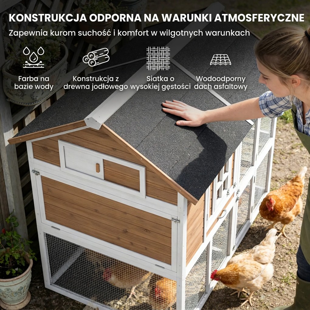 PawHut Kurnik z wybiegiem, gniazdem lęgowym, wysuwaną tacą i wodoodpornym dachem, dla 4 kur, 200 x 104 x 145 cm, drewno, brązowy | Aosom PL