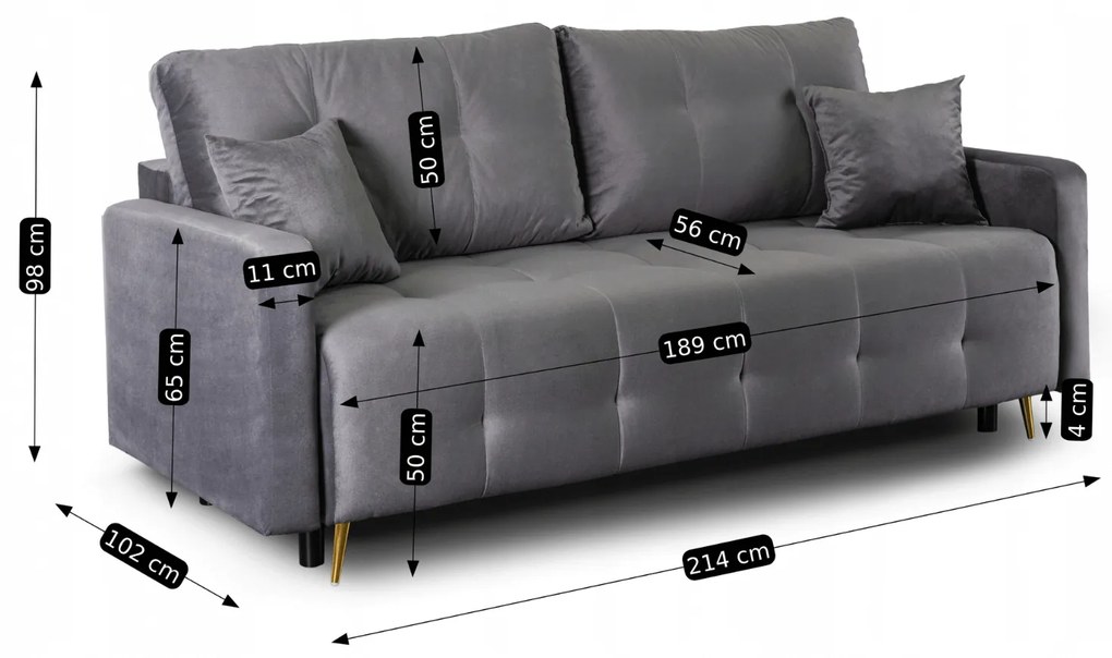 Sofa z Funkcją Spania SEUL Rozkładana Dwuosobowa Welurowa Szara Nowoczesna do Salonu