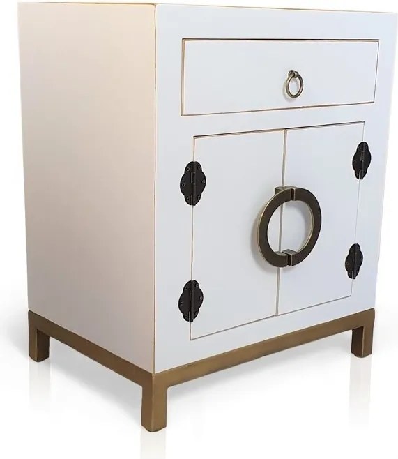 Komoda, stolik nocny, metalowe okucia, styl azjatycki, biały.