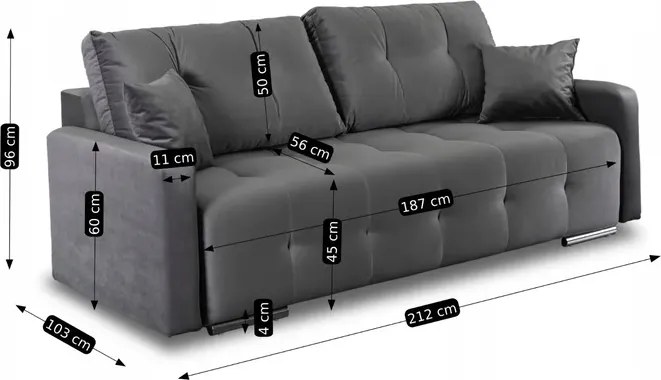 Sofa z Funkcją Spania FAVIO Wersalka Rozkładana Dwuosobowa Welurowa Szara