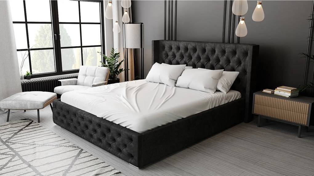 Emporius Rolia łóżko chesterfield 180x200 - pojemnik i stelaż, wysoka jakość - łóżko dwuosobowe 180x200 w stylu glamour - aksamit, czarny (Kronos 7)