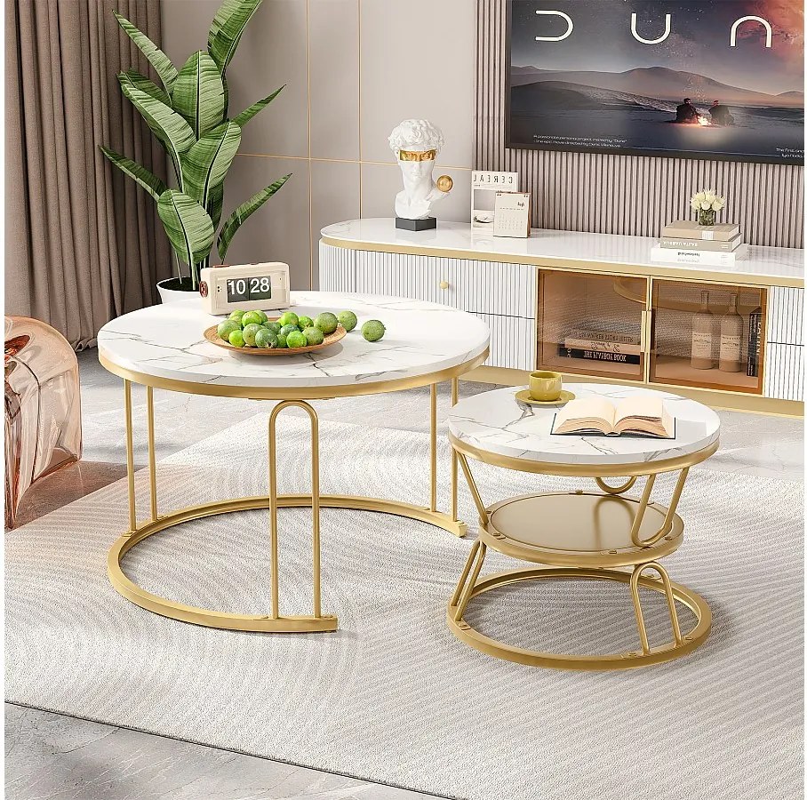 Zestaw 2 okrągłych, drewnianych stolików kawowych wsuwanych w siebie – wygląd marmuru – złoty, w kształcie litery U