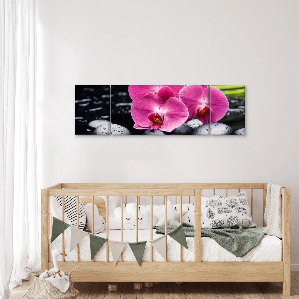 Obraz - Różowe orchidee z liściem palmy (170x50 cm)