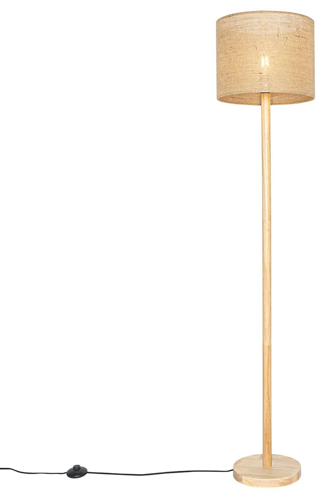 Lampa podłogowa w stylu Rustykalny / Vintagem drewniana z abażurem lnianym naturalnym 32 cm - Mels Rustykalny / Vintage Oswietlenie wewnetrzne
