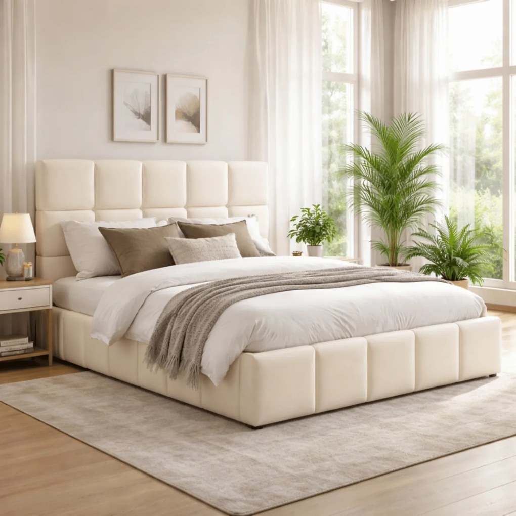 Łóżko Tapicerowane 140x200 cm MURCJA ze Stelażem i Pojemnikiem Dwuosobowe Welurowe Kremowe