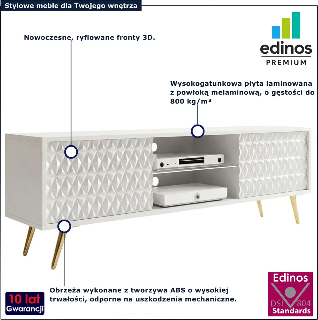 Biała ryflowana szafka RTV na złotych nóżkach 135 cm E7-F47