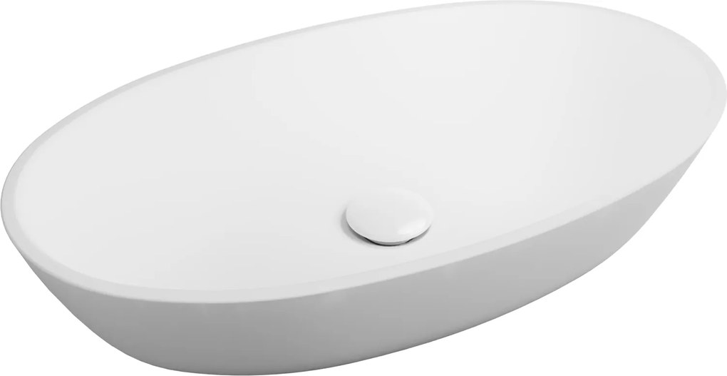 Umywalka nablatowa owalna z konglomeratu biała błyszcząca bez otworu na baterię 60 x 35 cm RONA white Glow