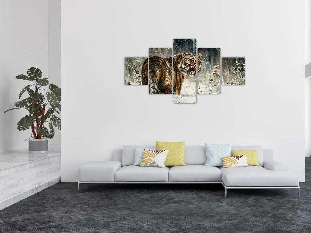 Obraz - Tygrys w zaśnieżonym lesie, obraz olejny (125x70 cm)