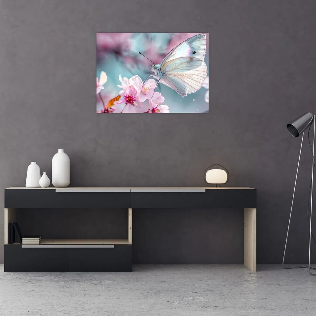 Obraz - Motyl na drzewie wiśni (70x50 cm)