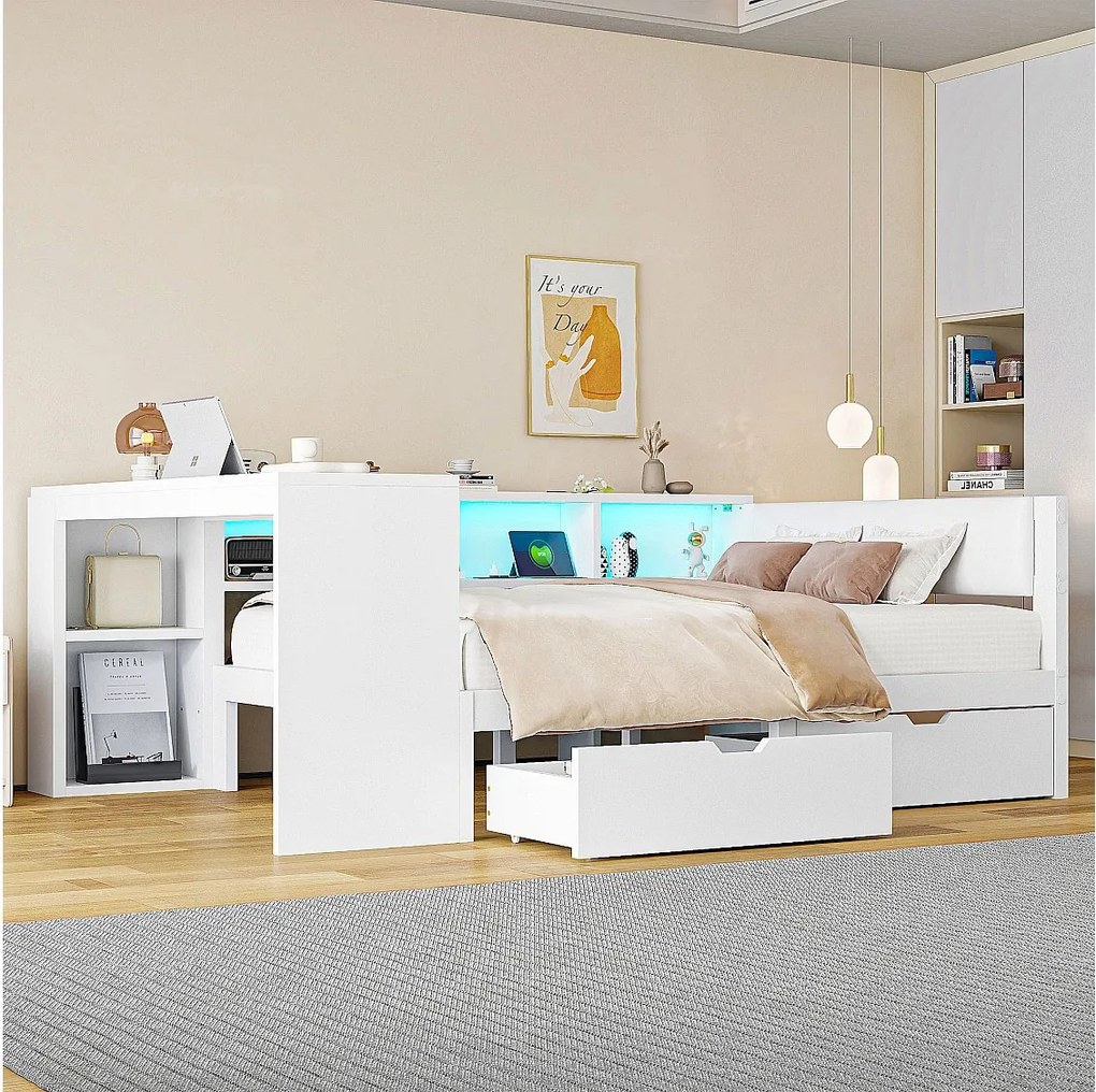 Łóżko dziecięce kombinowane - 140 x 200 - z półkami do przechowywania + 2 szuflady + oświetlenie LED + stolik - MDF - białe