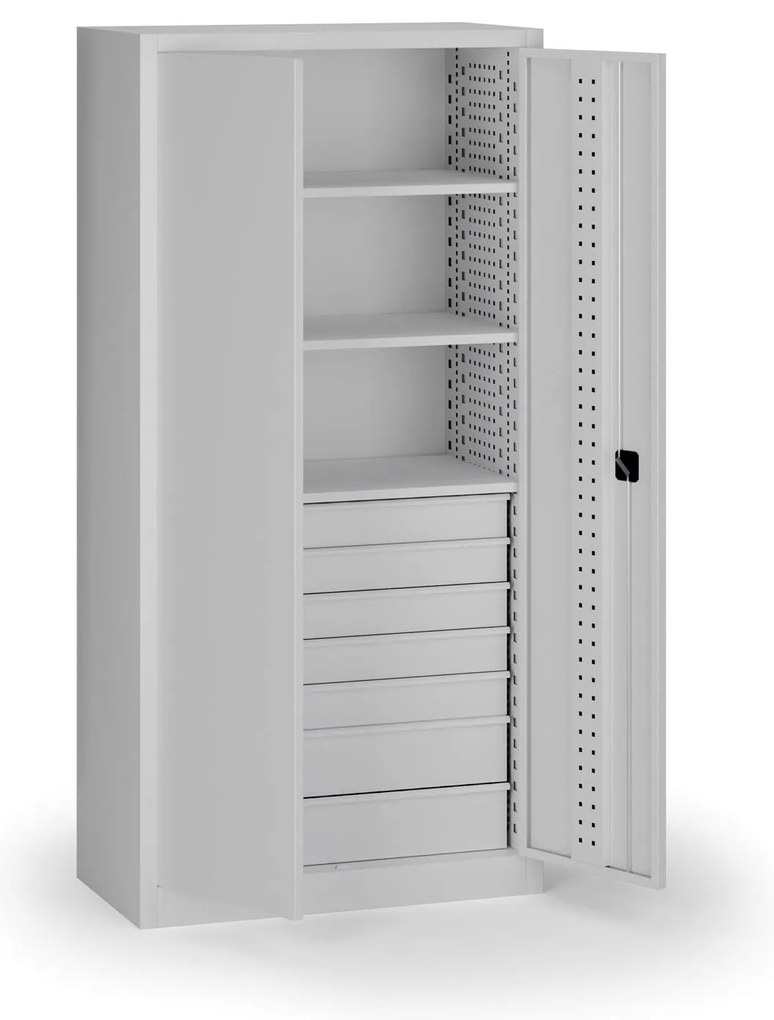 Szafa warsztatowa, 3 półki + 7 szuflad, 1950 × 950 × 500 mm, szare drzwi