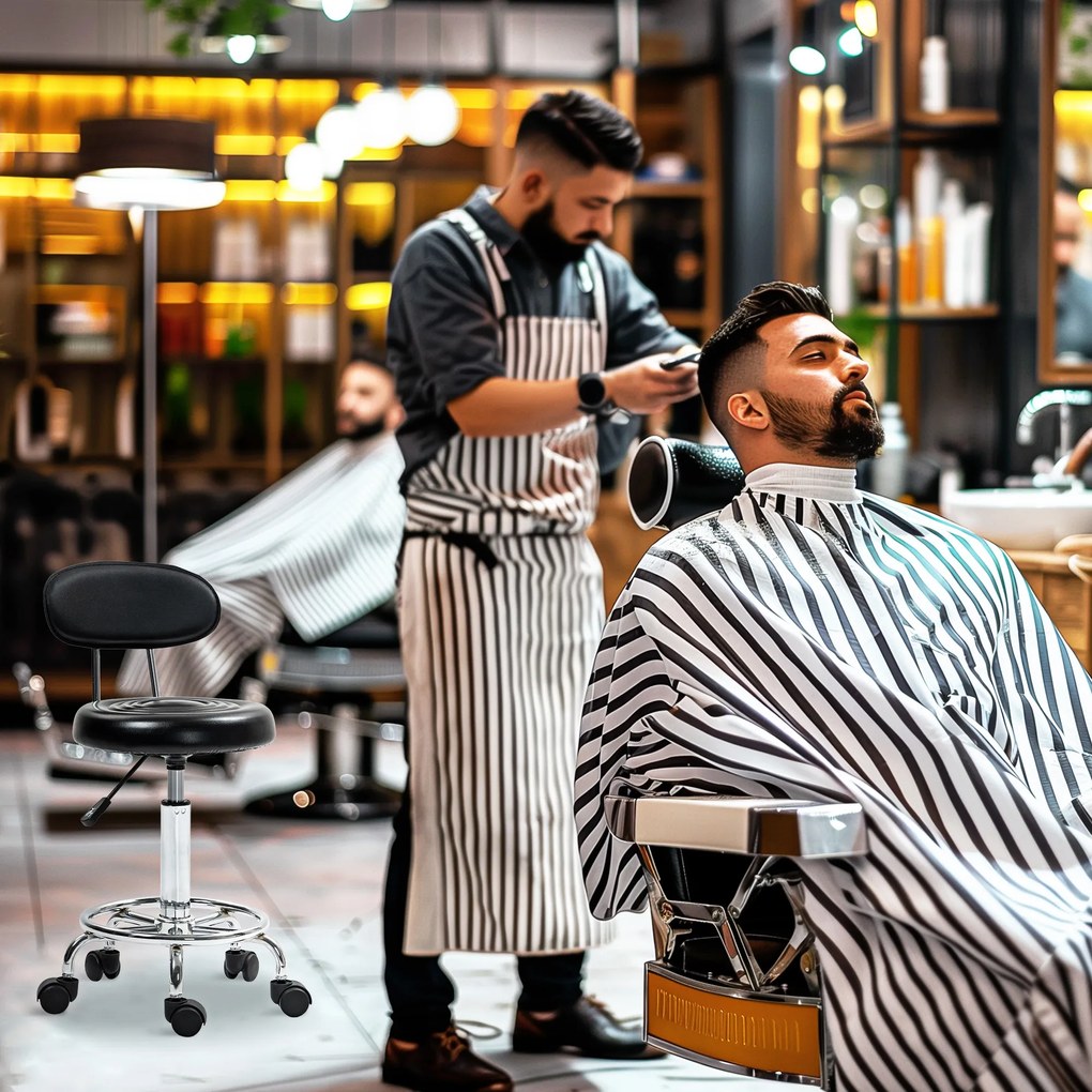 HOMCOM Obrotowy i Regulowany Taboret z Oparciem, Pokrycie z Ekoskóry, Podnóżek, do Stołów Fryzjerskich, Czarny