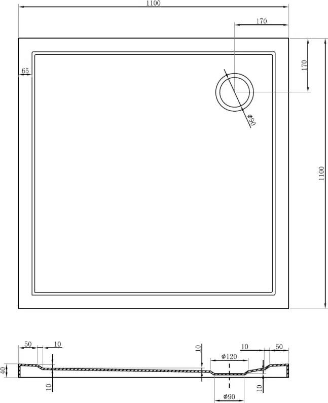 Mexen Flow brodzik kwadratowy slim 110 x 110 cm, czarny mat - 46S701111