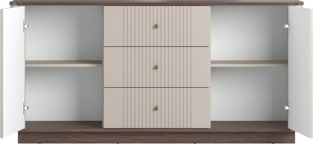 Komoda Vesper 160 cm z szufladami na cokole - kaszmir / orzech / złote uchwyty