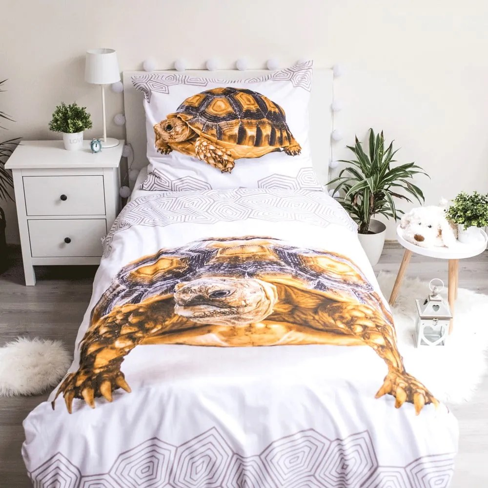 Biała/brązowa bawełniana pościel dziecięca jednoosobowa 140x200 cm Tortoise – Jerry Fabrics