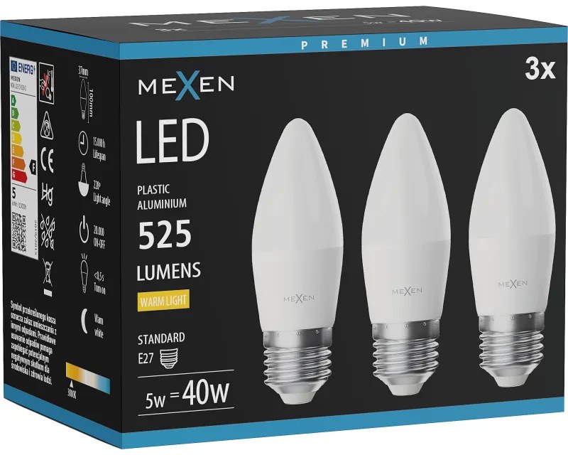 Mexen Nova 3x żarówka LED E27, C37, 5W, Ciepła - 3000K, 525 lm - L102-E27-0530-01x03