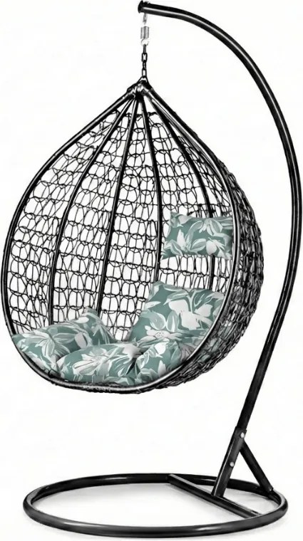 Czarne wiszące krzesło KOKON ze stojakiem, zielono-biała poduszka