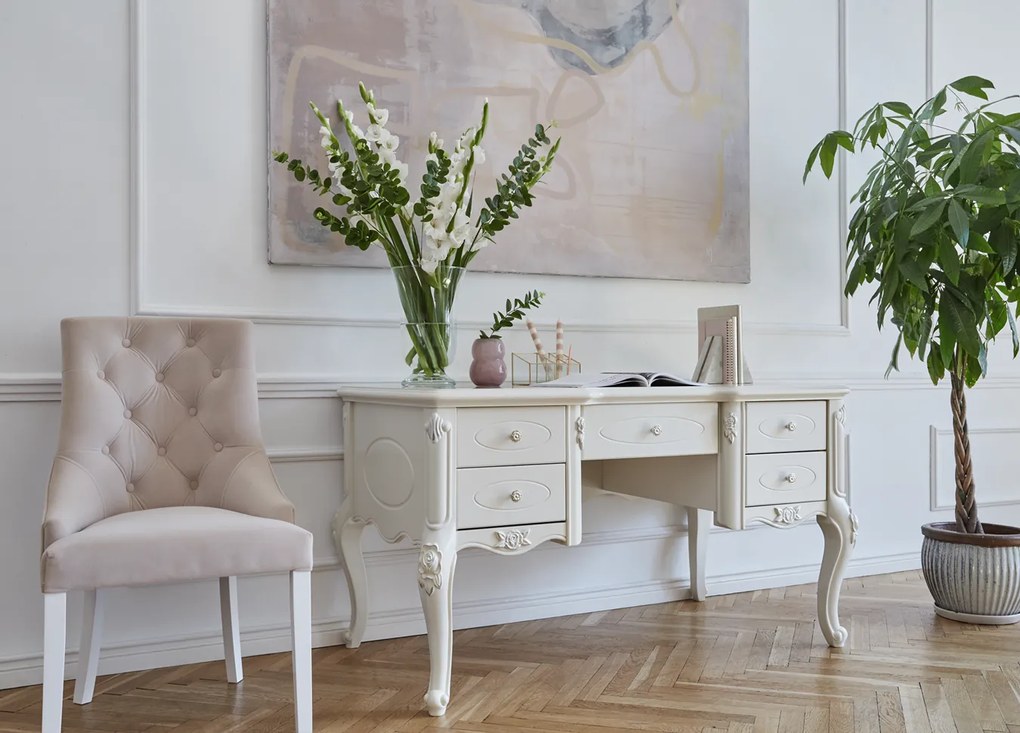 Eleganckie krzesło do jadalni lub salonu Opera beżowe. Krzesło z pikowanym oparciem chesterfield, drewniane białe nogi. Tkanina welwetowa, odporna na wsiąkanie płynów.