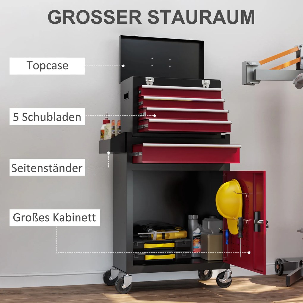 HOMCOM Mobilna szafka narzędziowa, stabilna z górną skrzynką narzędziową i szufladami, zamykana, metal, czarno-czerwona