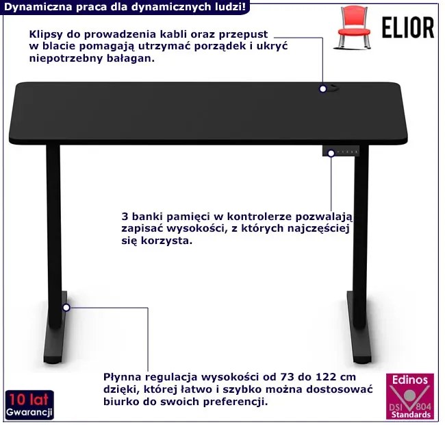 Regulowane czarne biurko elektryczne 120 cm - Gileko 5X