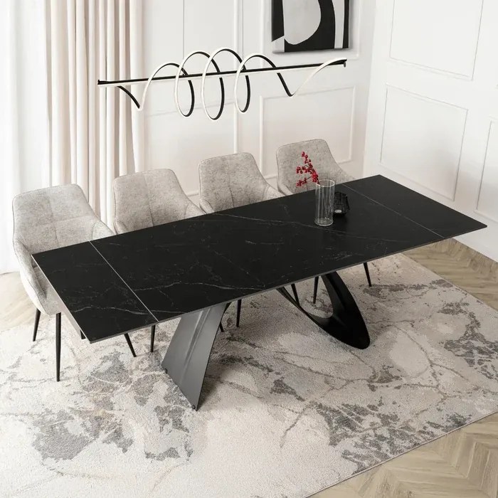 Stół Rozkładany Prostokątny DEVON 160-220 cm Ceramiczny Czarny Marmur/Czarny Nowoczesny