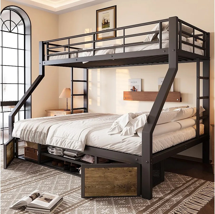Łóżko piętrowe dla dzieci - 90 x 200 cm + 140 x 200 cm - z szafką na buty + schowkiem - metalowe - czarne