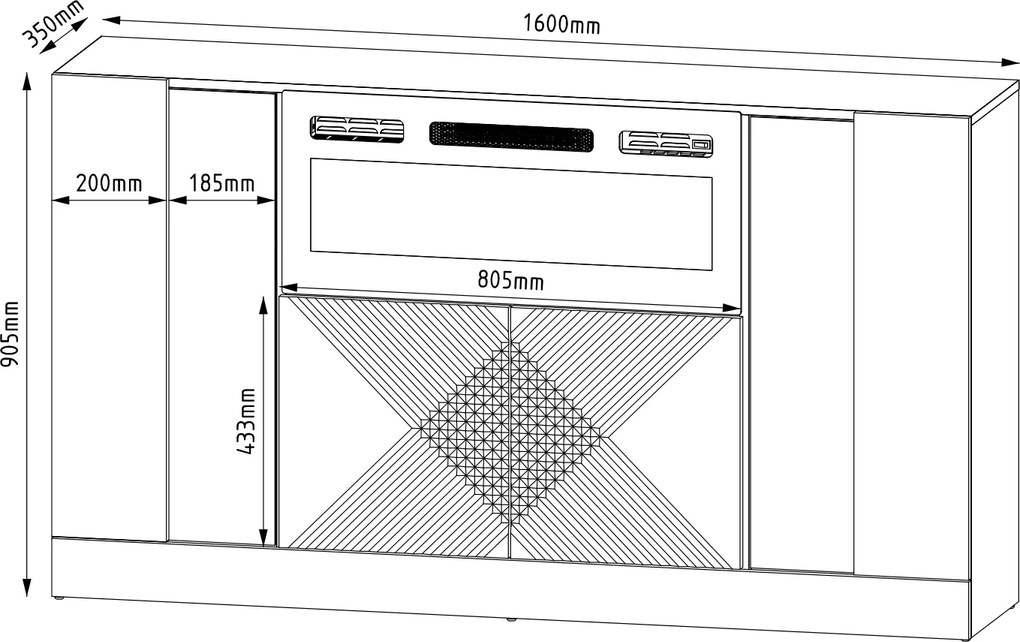 Czarna komoda z kominkiem elektrycznym i oświetleniem Diuna 1
