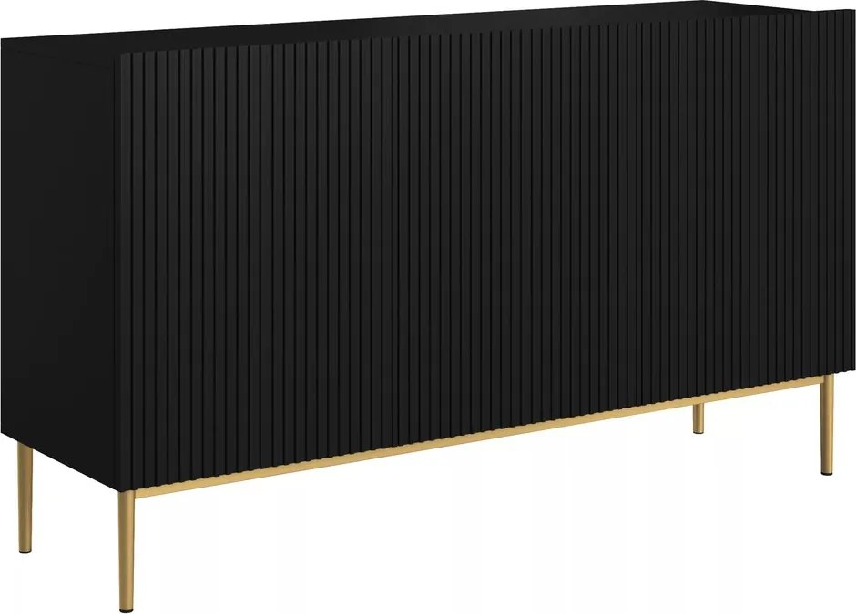 Komoda Nicole 150 cm trzydrzwiowa z ryflowanym frontem - czarny mat / złote nóżki