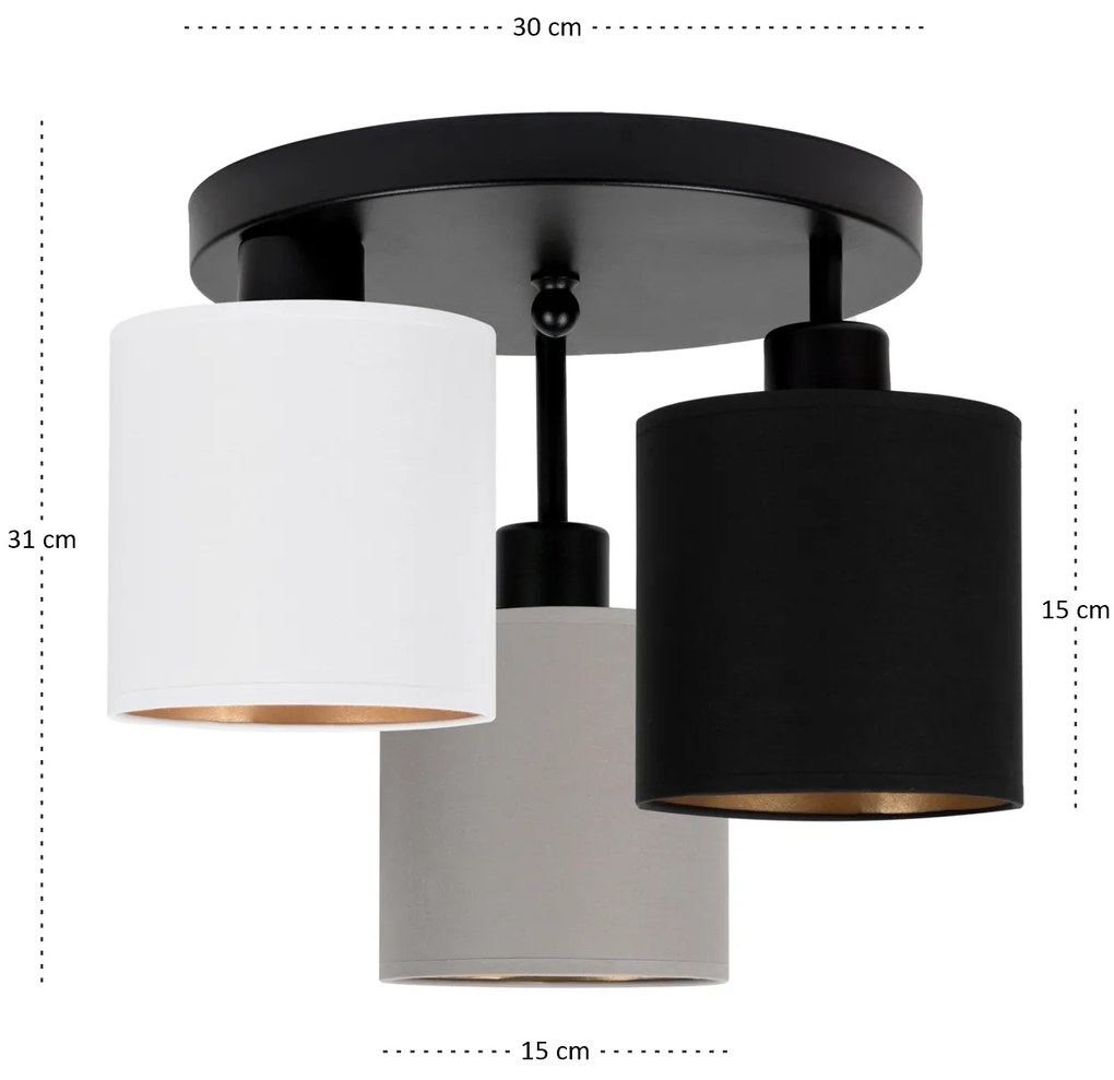 Lampa sufitowa czarna trzypunktowa z szaro-czarno-białymi abażurami C-