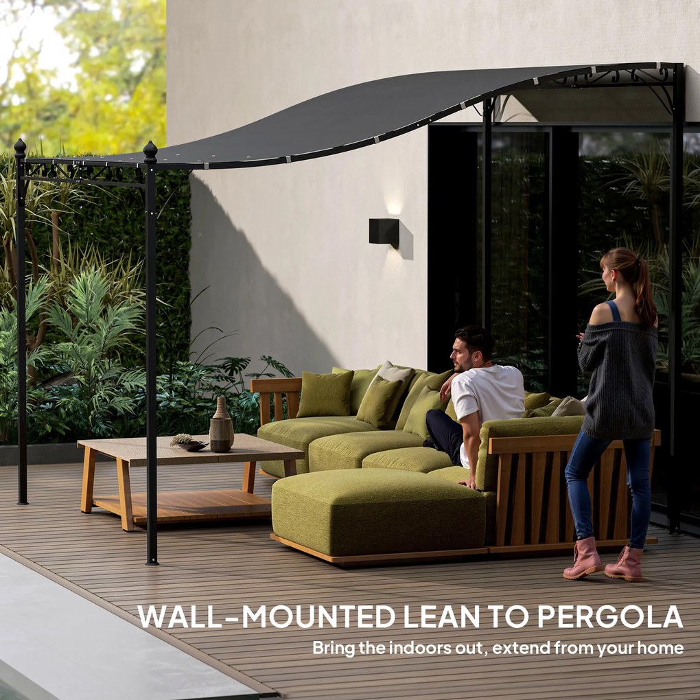 Outsunny 2,5 x 3 m Pergola, montowana na ścianie, odporna na wodę, metalowa konstrukcja, otwory odpływowe, zacienienie, ciemnoszary