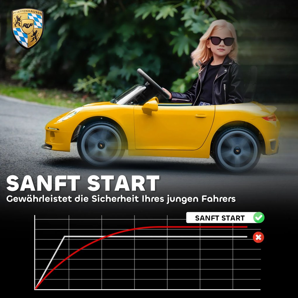 AIYAPLAY Elektryczne auto na akumulator dla dzieci z pilotem, MP3/USB, klakson, pas bezpieczeństwa — 3–5 lat, żółte