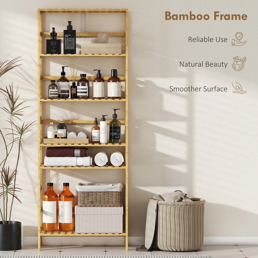HOMCOM 6-poziomowy regał z drewna bambusowego, regulowane półki, wolnostojący regał do przechowywania, drewno naturalne