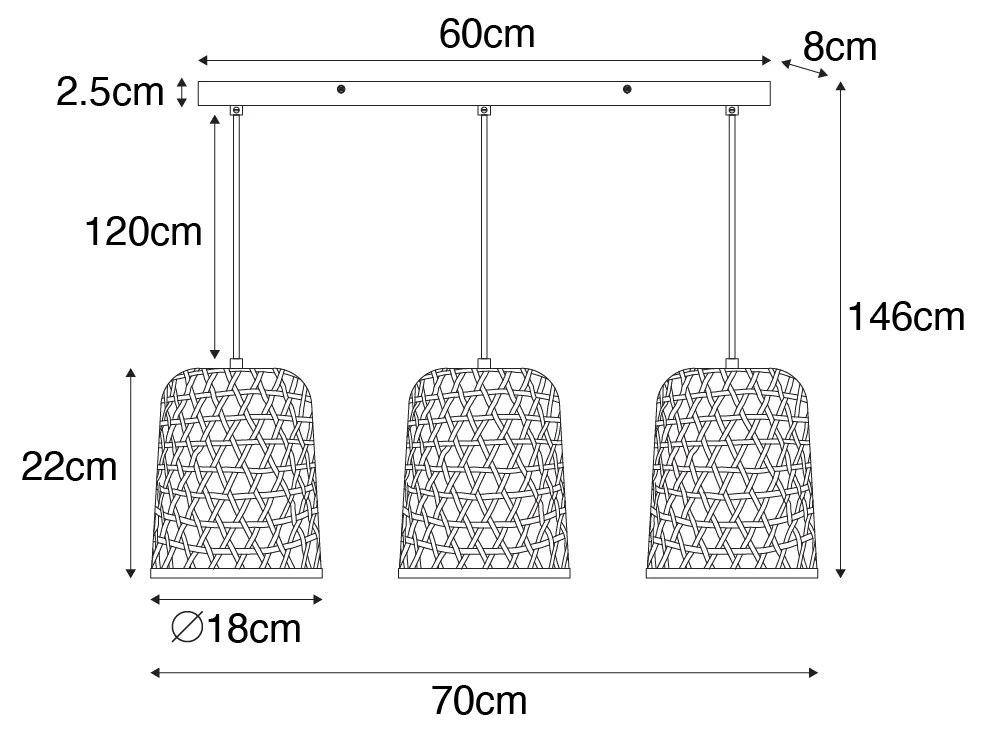 Orientalna lampa wisząca czarna z bambusowym 3-światłowym - RayanKolonialny Oswietlenie wewnetrzne