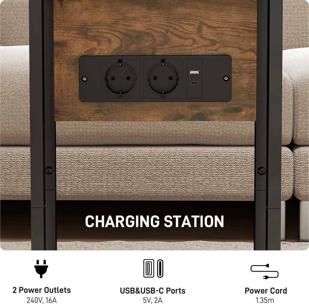 HOMCOM składany stolik boczny, stacja ładująca z portami USB, metal, 39 x 29 x 57 cm, brązowy