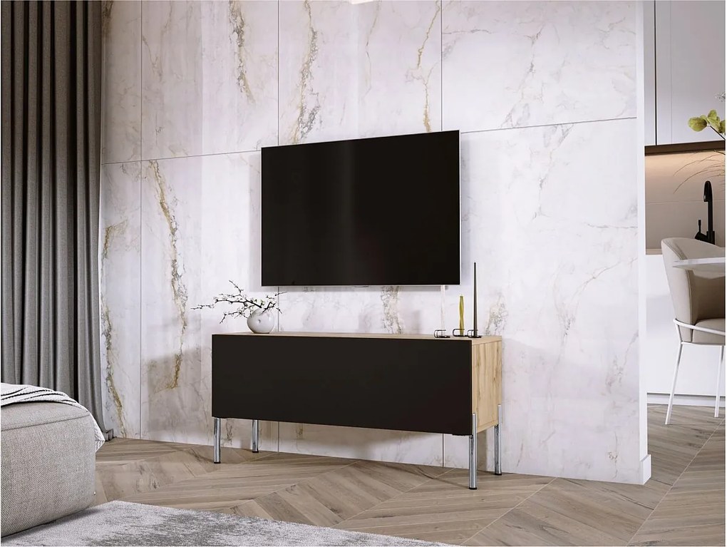 Szafka RTV: Dąb Wotan / Czarny Mat, Nogi Chrom, 100 x 52 x 32 cm